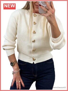 Knit Cardigan Sweater Heart Button Cropped Long Sleeve Women's Fall Winter